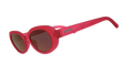 Three-quarter angle view of hot pink oval sunglasses with dark red polarized lenses against a white background.