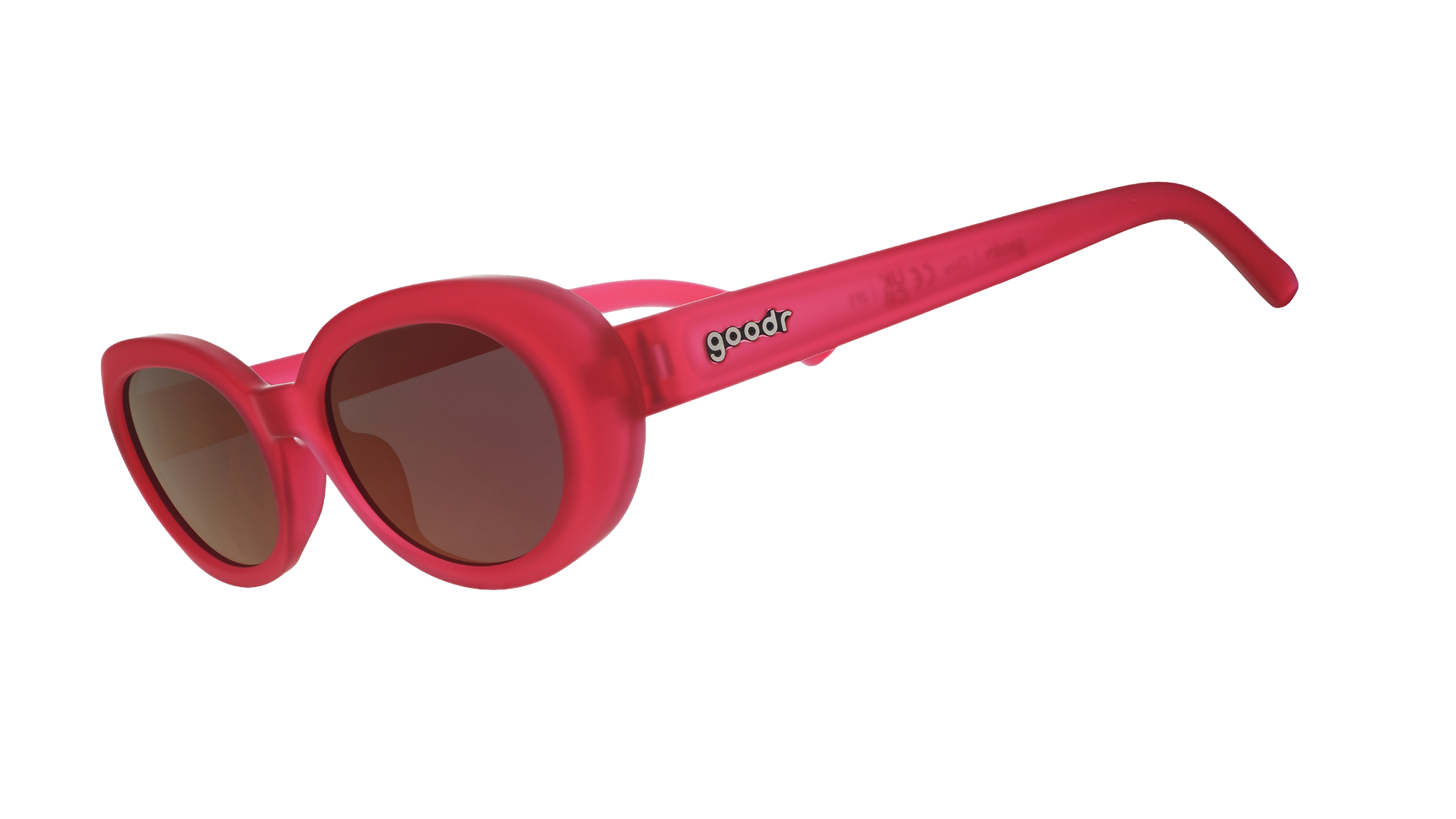 Three-quarter angle view of hot pink oval sunglasses with dark red polarized lenses against a white background.