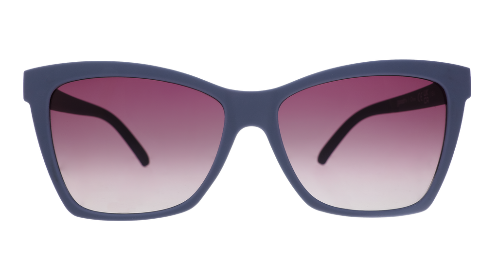 Front view of dark purple angular sunglasses with purple gradient lenses.