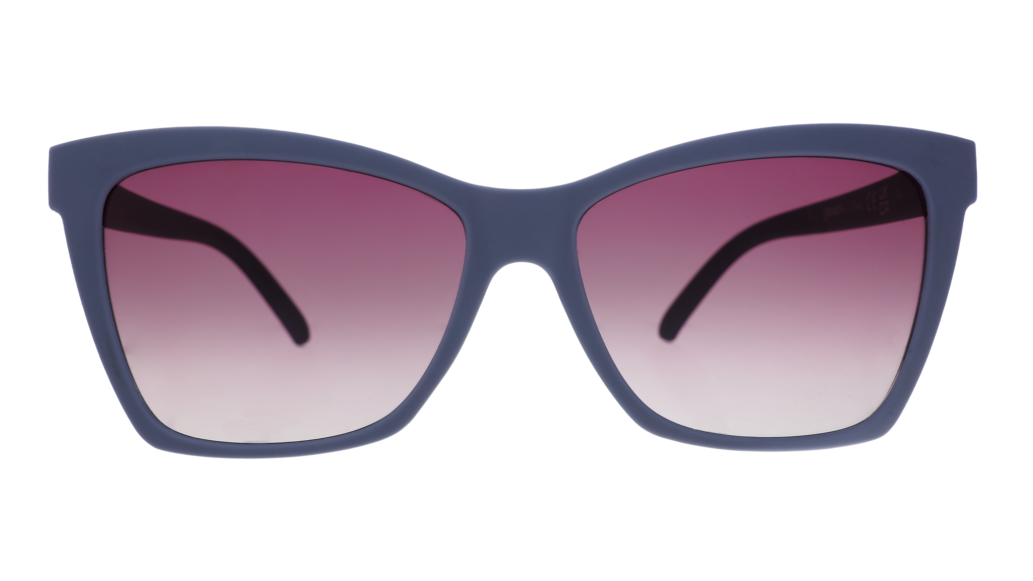Front view of dark purple angular sunglasses with purple gradient lenses.