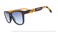 Three-quarter angle view of shades. Blue frames w/ a yellow pattern, Mud Hens on temples + blue gradient lenses.