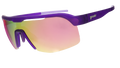 The image shows a pair of sporty wraparound sunglasses with a sleek purple frame and reflective lenses that transition from pink to yellow hues.