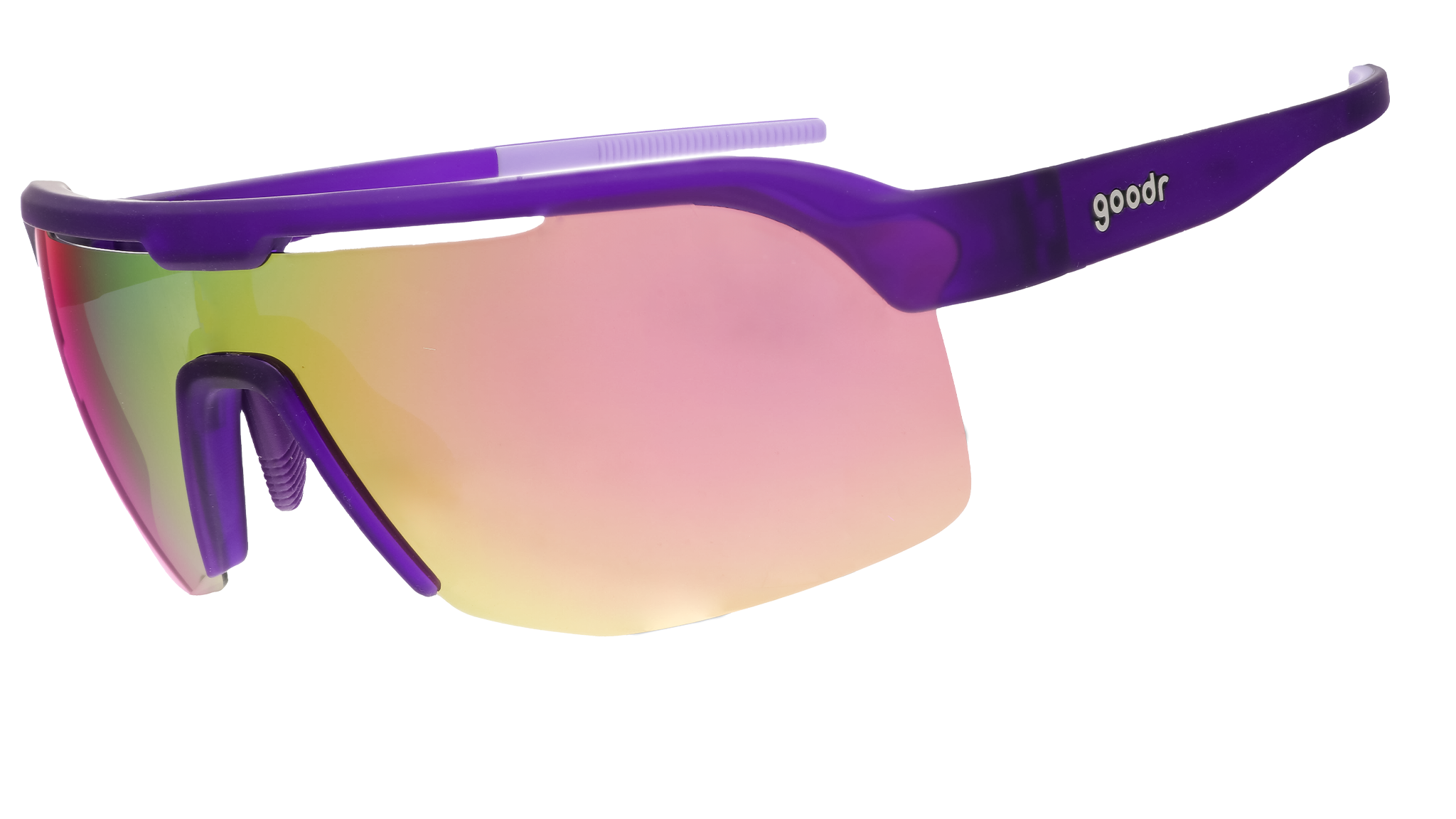 The image shows a pair of sporty wraparound sunglasses with a sleek purple frame and reflective lenses that transition from pink to yellow hues.