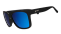 Three-quarter angle view of black sunglasses with blue lenses designed to float in water.