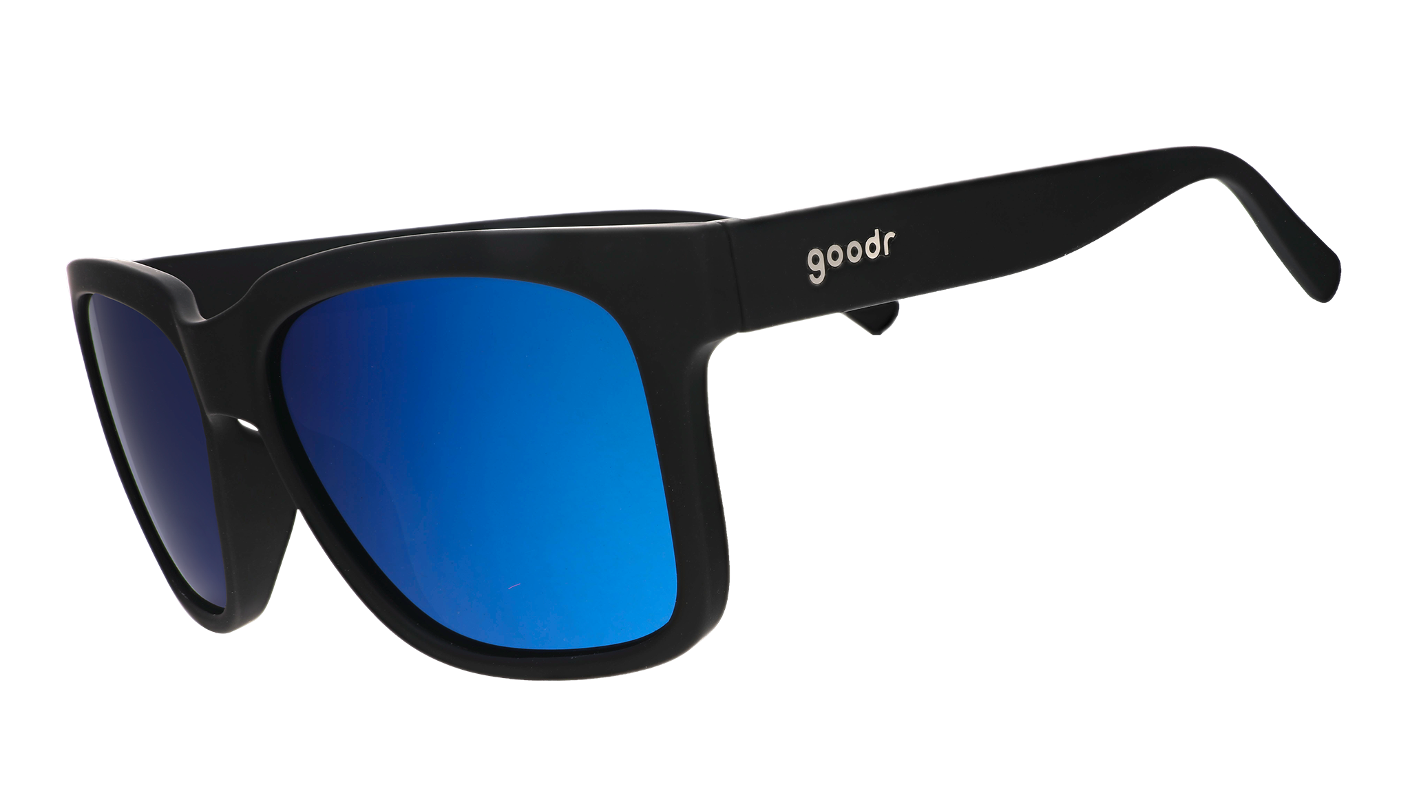 Three-quarter angle view of black sunglasses with blue lenses designed to float in water.