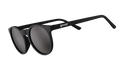 Three-quarter angle view of retro-inspired black round sunglasses with non-reflective black lenses.