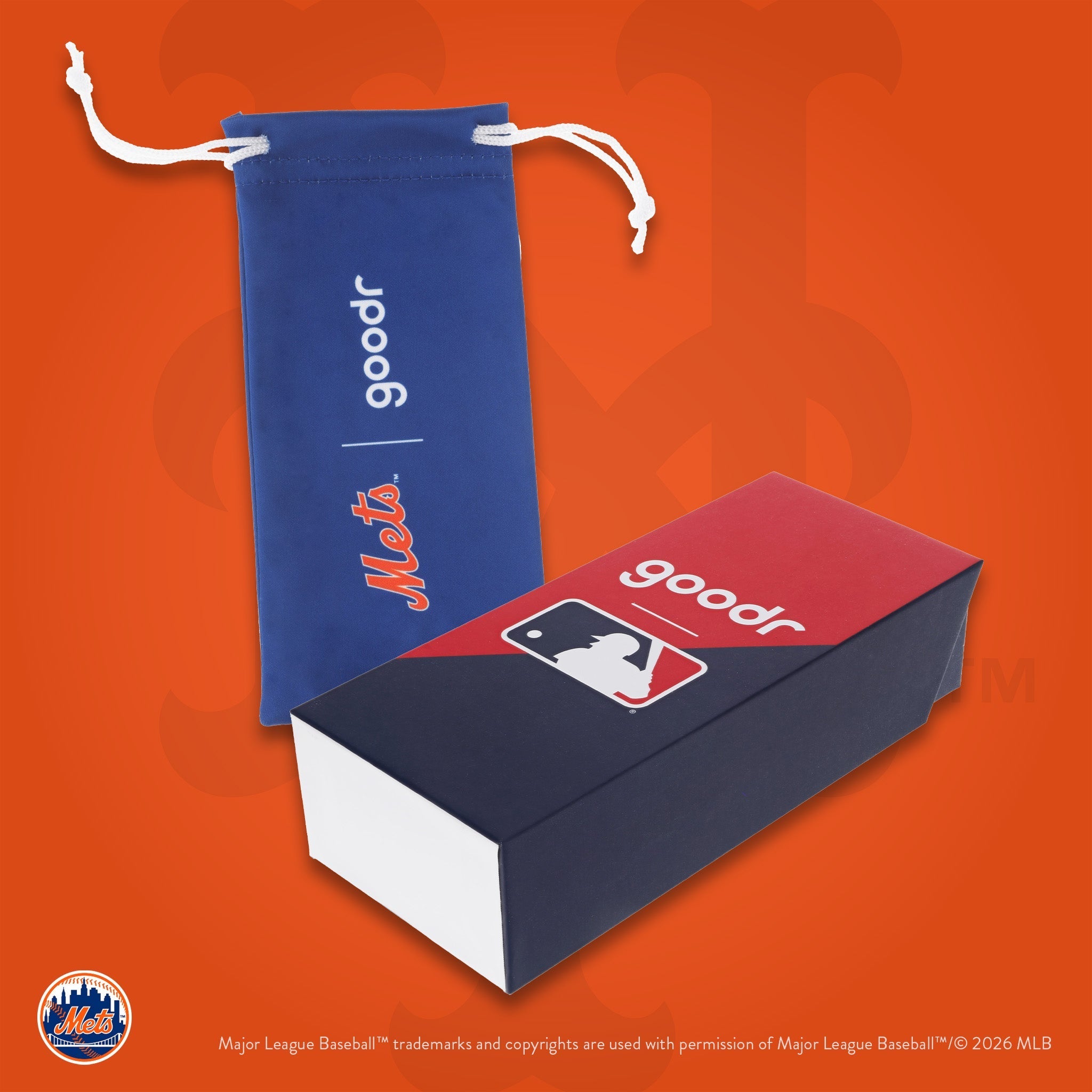 Photograph of custom packaging, featuring a blue microfiber bag with the Mets' script logo and MLB-themed box.