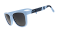 Three-quarter angle view of Major League Soccer NYCFC shades. Light blue+navy frames. Black non-reflective lenses.