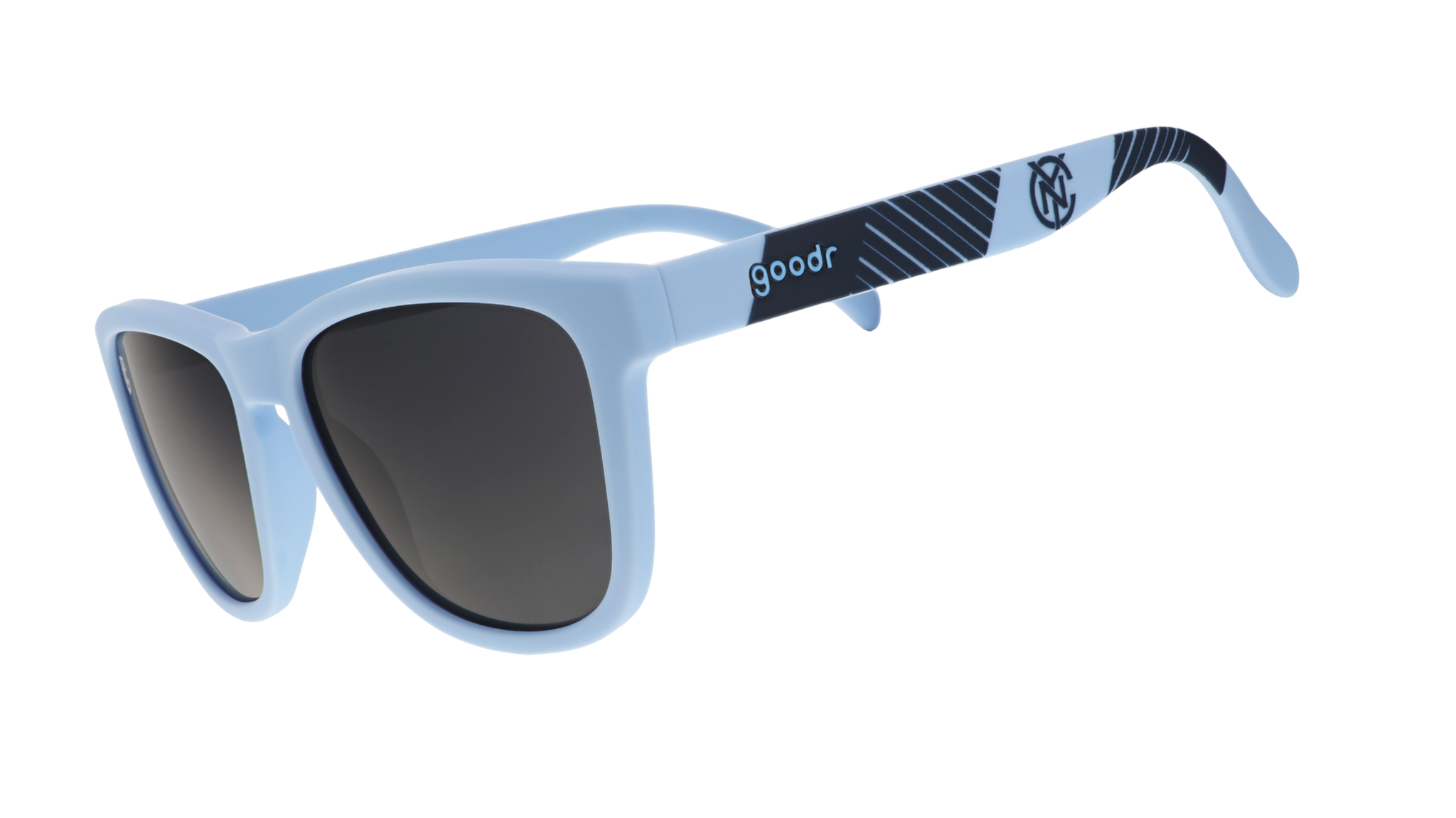 Three-quarter angle view of Major League Soccer NYCFC shades. Light blue+navy frames. Black non-reflective lenses.