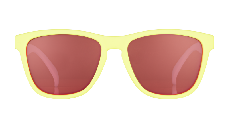 Front view of pastel yellow sunglasses with rose-tinted square lenses.