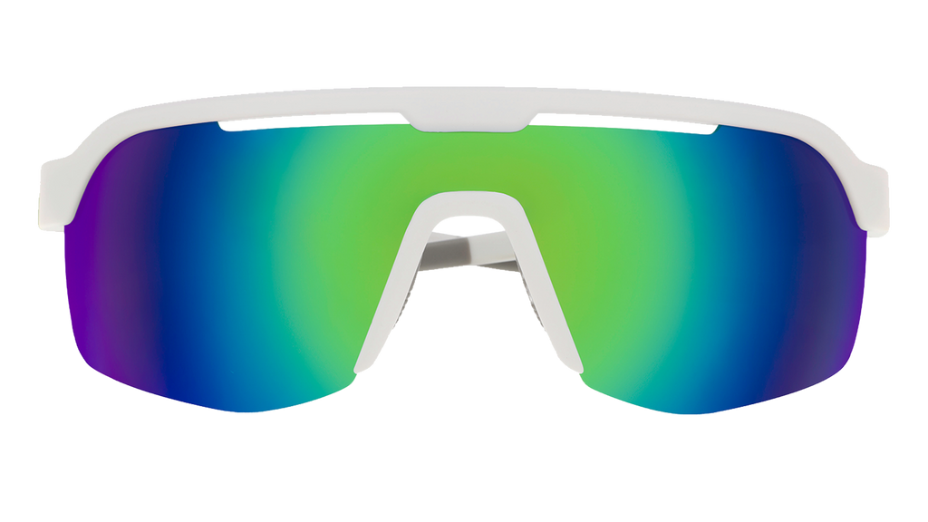 Front view of shield sunglasses. White front frame with green reflective wrap lenses on a white background.