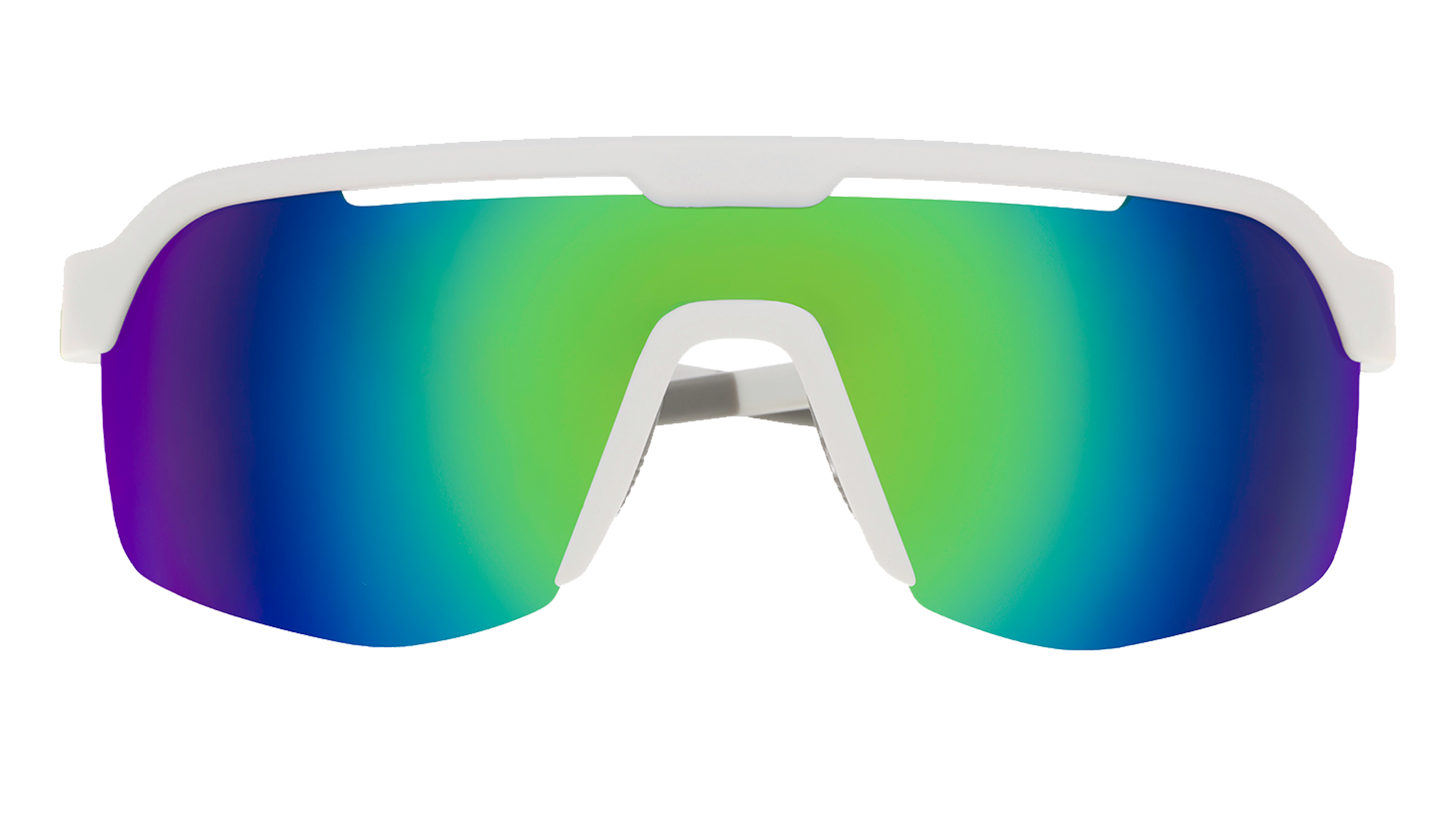 Front view of shield sunglasses. White front frame with green reflective wrap lenses on a white background.
