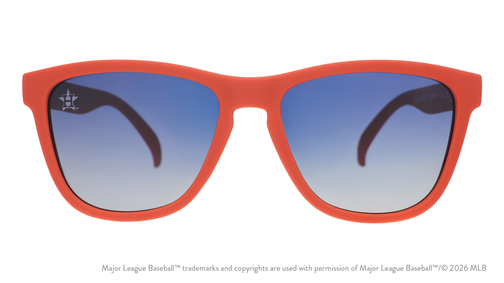 Front view of Astros shades with orange faceplate. Blue gradient lenses have the Lone Star H logo etched on the left lens.