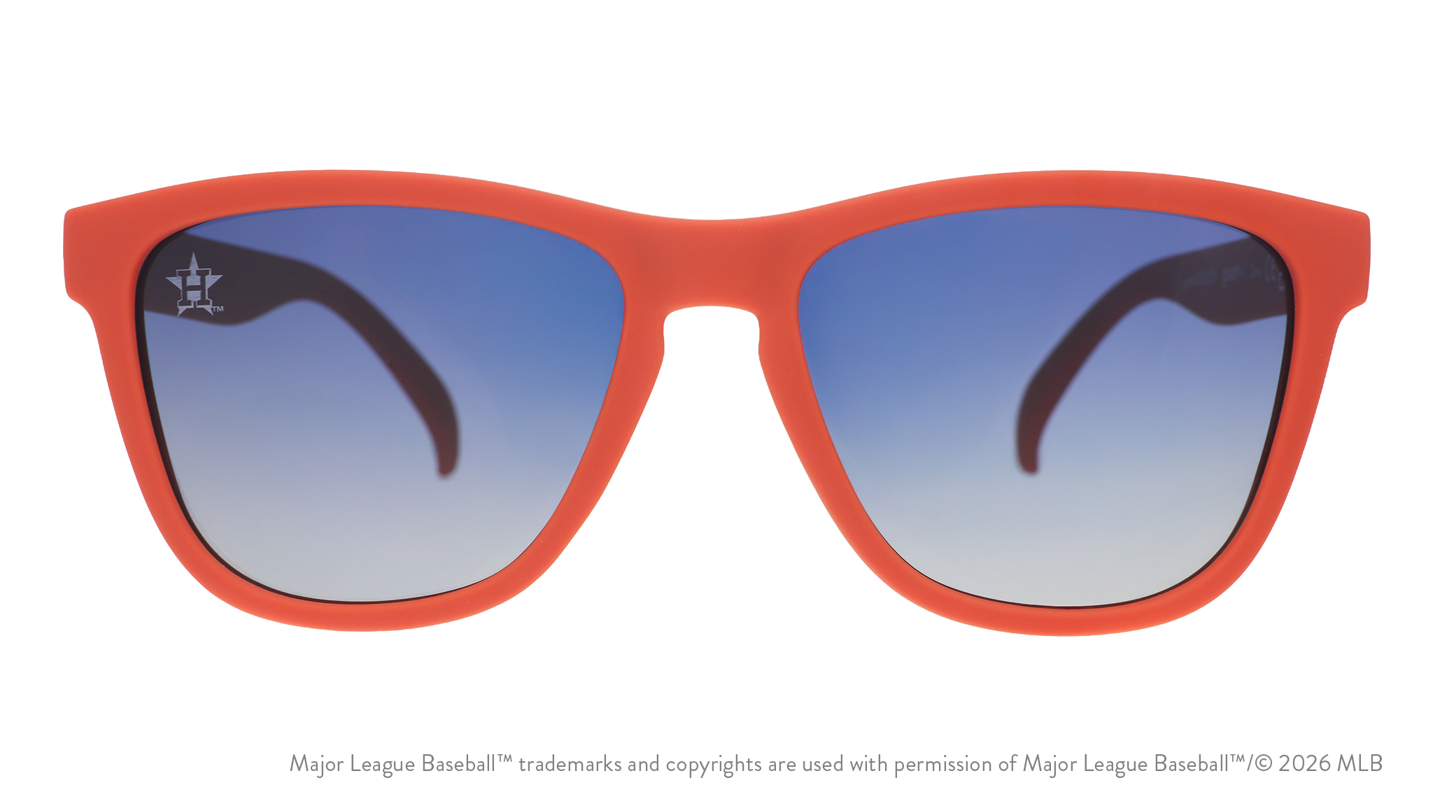 Front view of Astros shades with orange faceplate. Blue gradient lenses have the Lone Star H logo etched on the left lens.