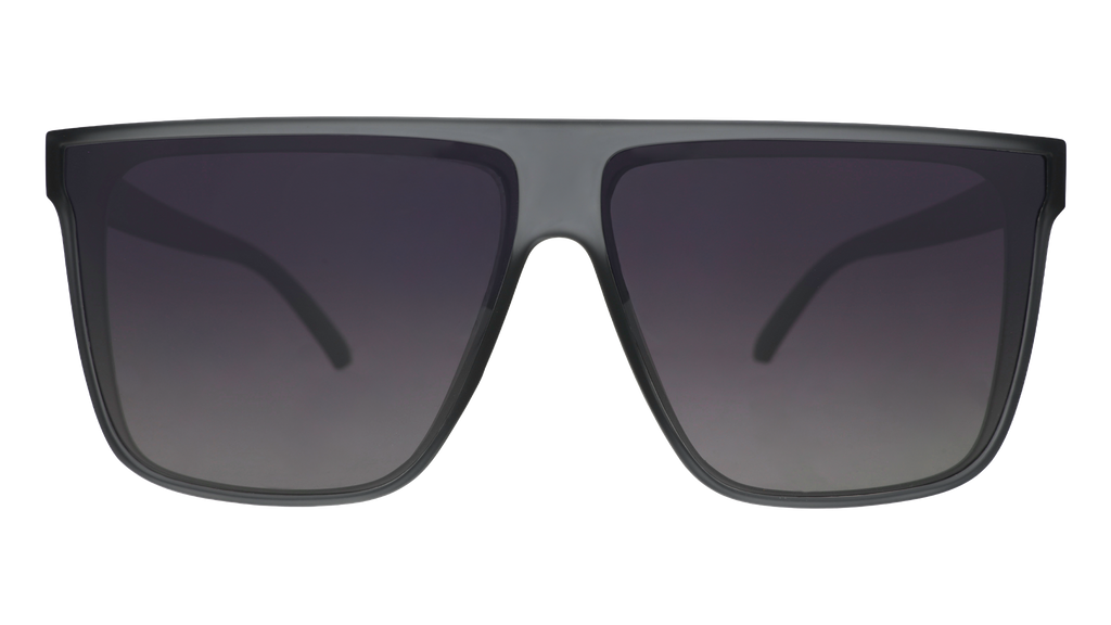Front view of translucent gray, flat-top Fly G sunglasses with gray gradient lenses.