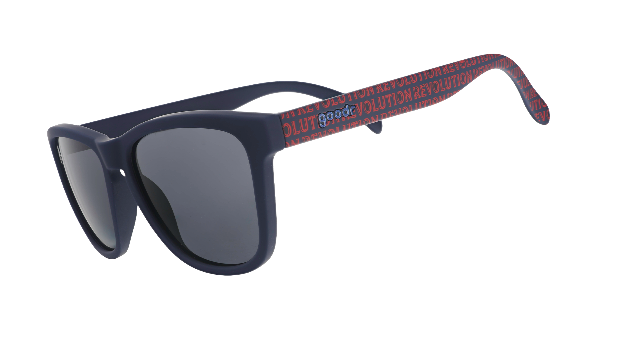 Three-quarter angle view of MLS New England Revolution shades tilted down. Black+red frames. Black non-reflective lenses.