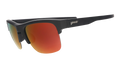 Three-quarter angle view of black sunnies with half-rim frames+orange reflective lenses on a white background.