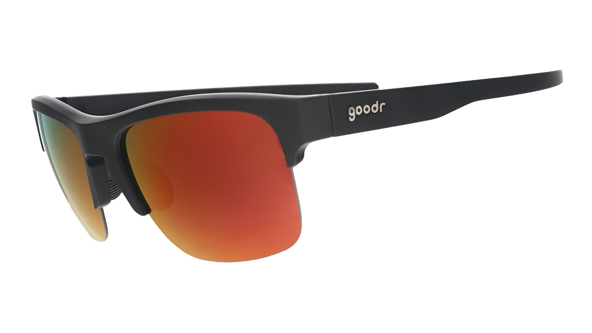 Three-quarter angle view of black sunnies with half-rim frames+orange reflective lenses on a white background.