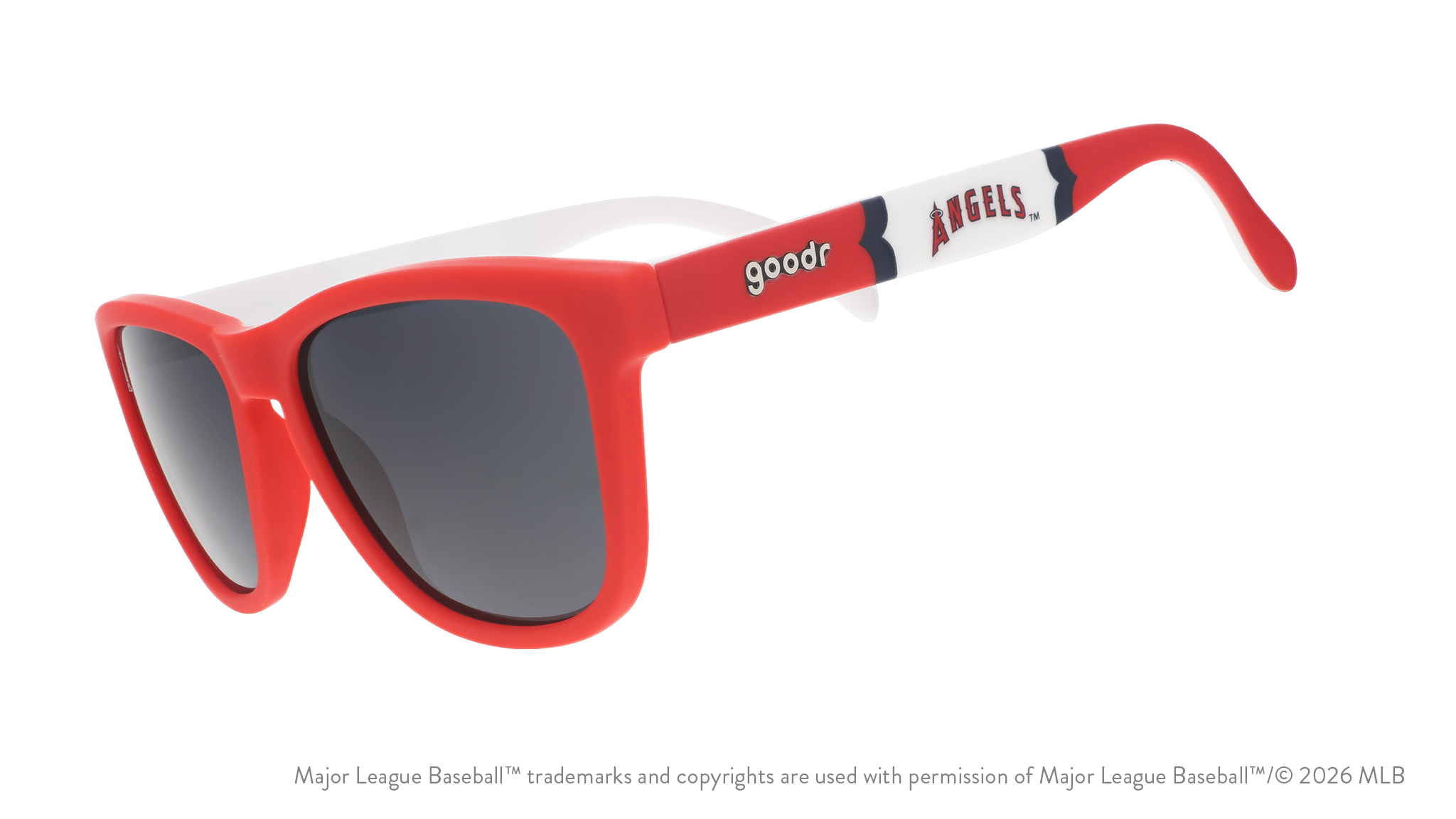 Three-quarter angle view of a pair of red, white, and blue sunglasses featuring the Angels' "halo A" logo on the arm.