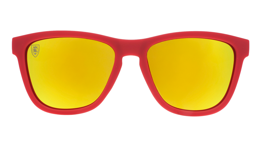 Front view of Major League Soccer Real Salt Lake shades. Red front frame. Amber reflective lenses.