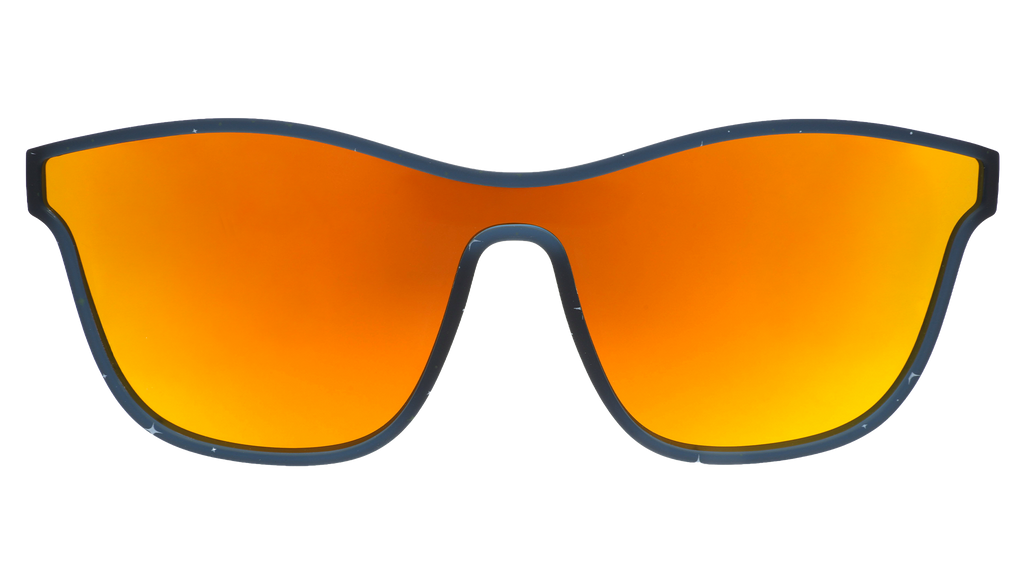 Front view of navy VRG frames featuring a design sprinkled with stars and a single amber reflective lens.
