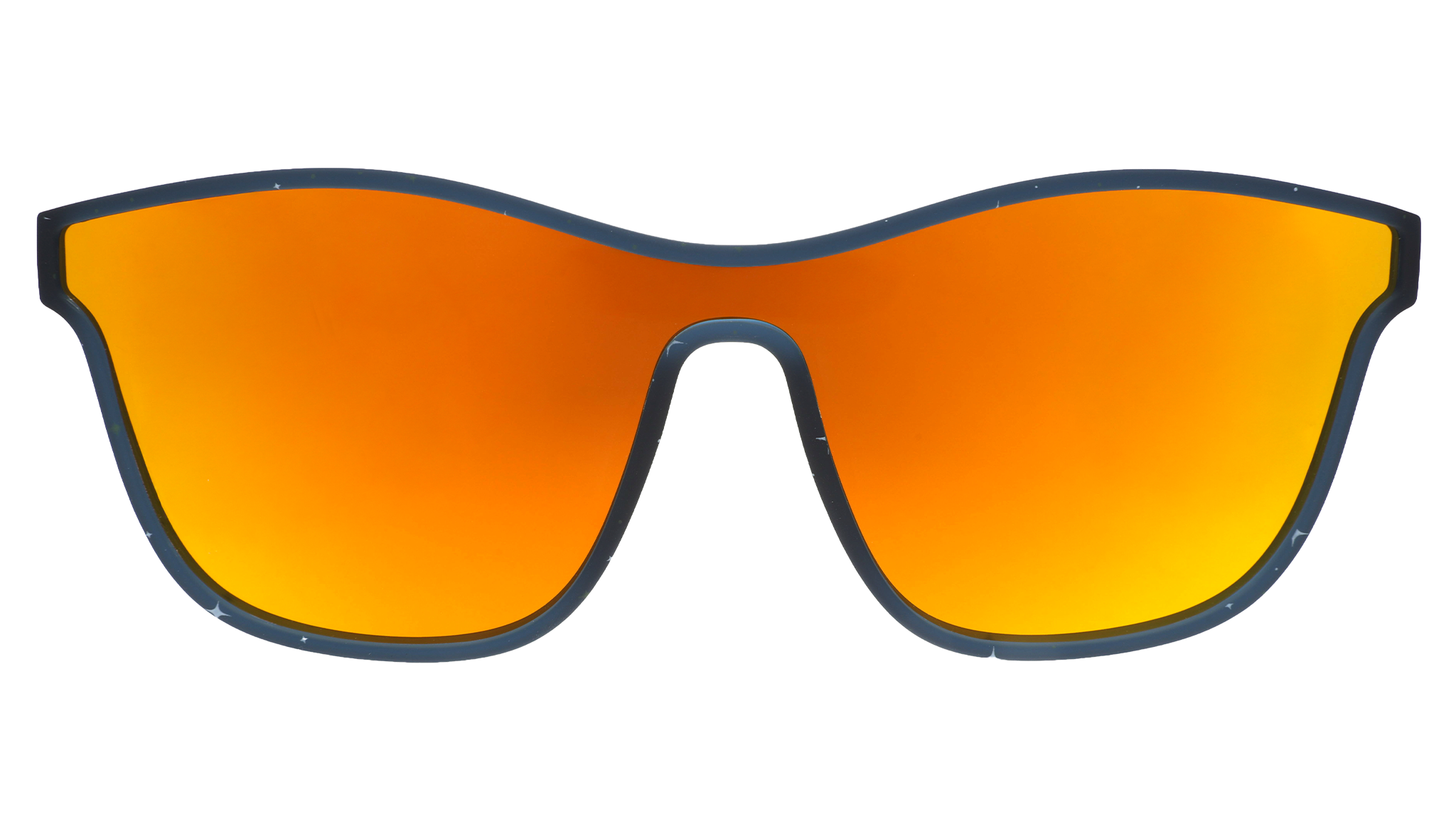 Front view of navy VRG frames featuring a design sprinkled with stars and a single amber reflective lens.