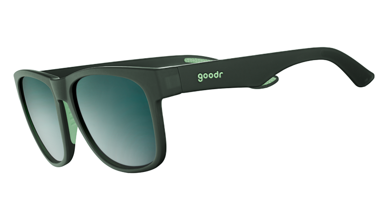Sunglasses with matte green frames and green reflective lenses