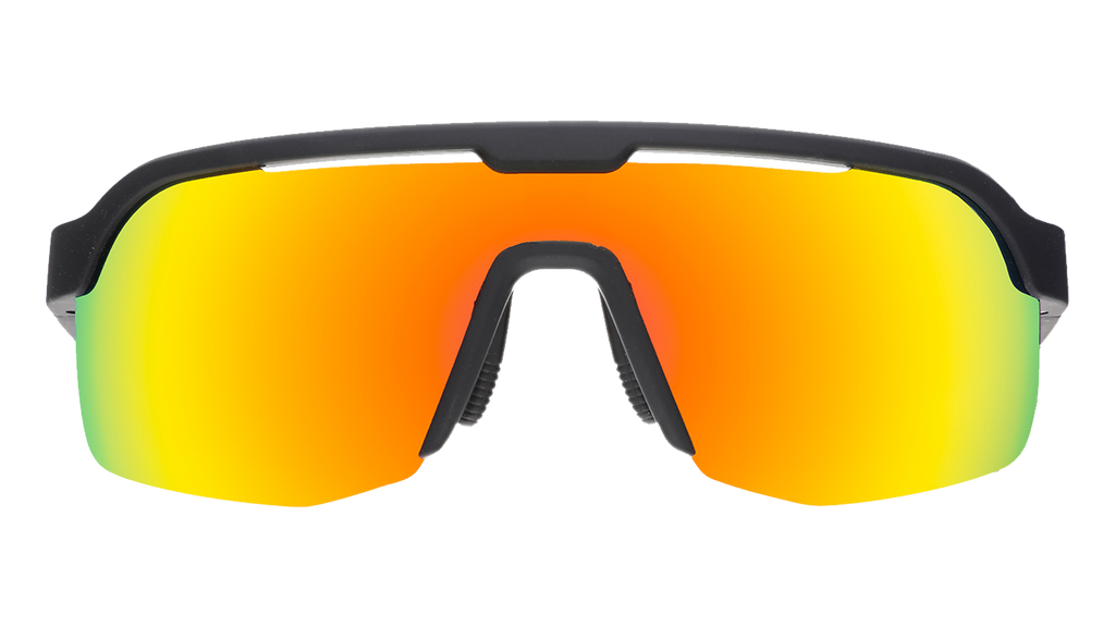 Sunglasses with black frame and orange-tinted lenses on a white background
