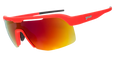 Sports sunglasses with a bright red frame and a wraparound reflective lens with an orange-red gradient.