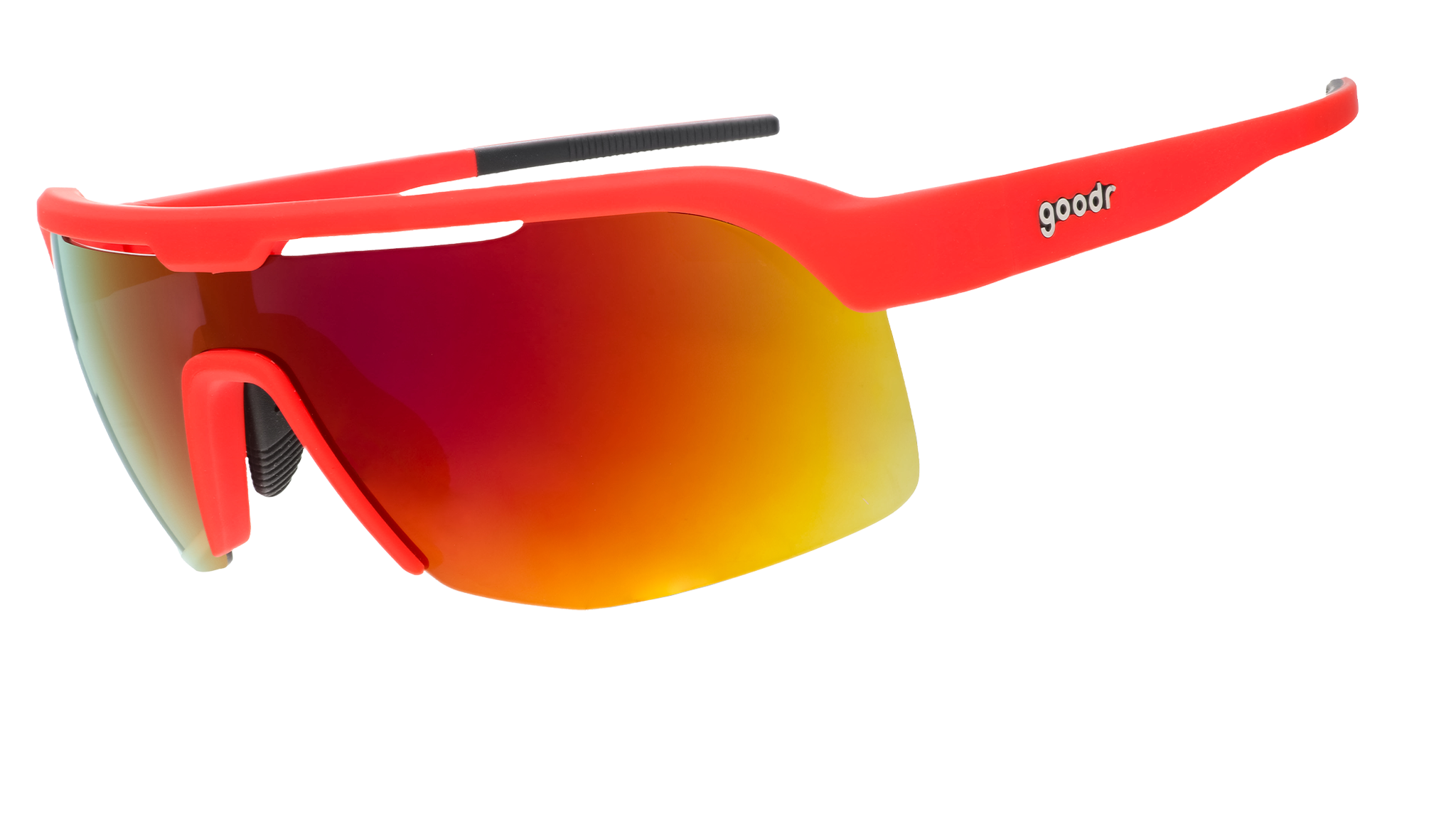 Sports sunglasses with a bright red frame and a wraparound reflective lens with an orange-red gradient.
