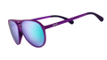 Three-quarter angle view of purple aviator sunglasses with green reflective lenses.