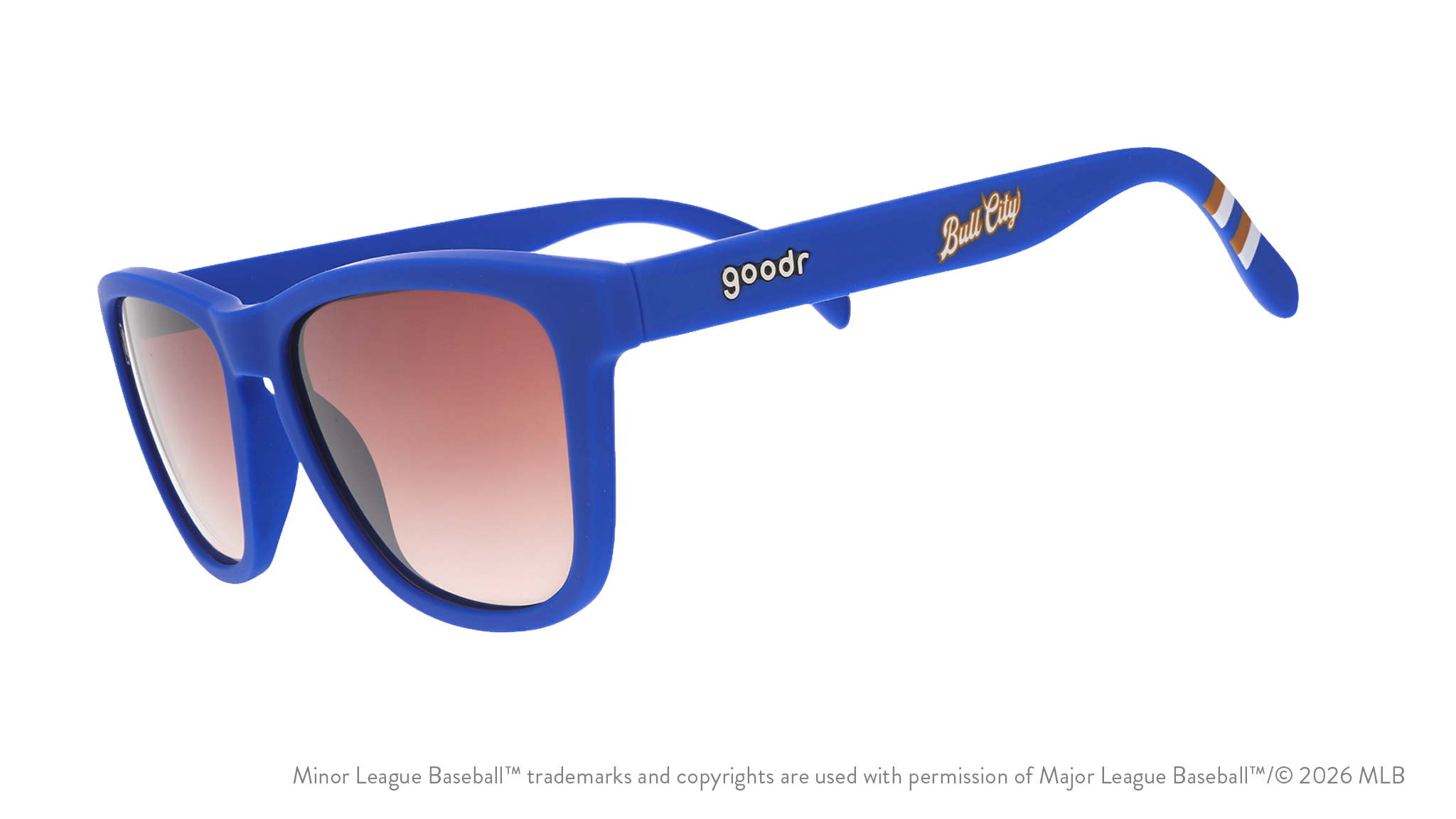 Three-quarter angle view of shades. Blue frames w/ stripe pattern+Bull City on temples. Brown gradient lenses.