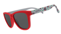 Sunglasses with a bright red frame and dark lenses, paired with white arms adorned with Ohio-themed designs in green and red.