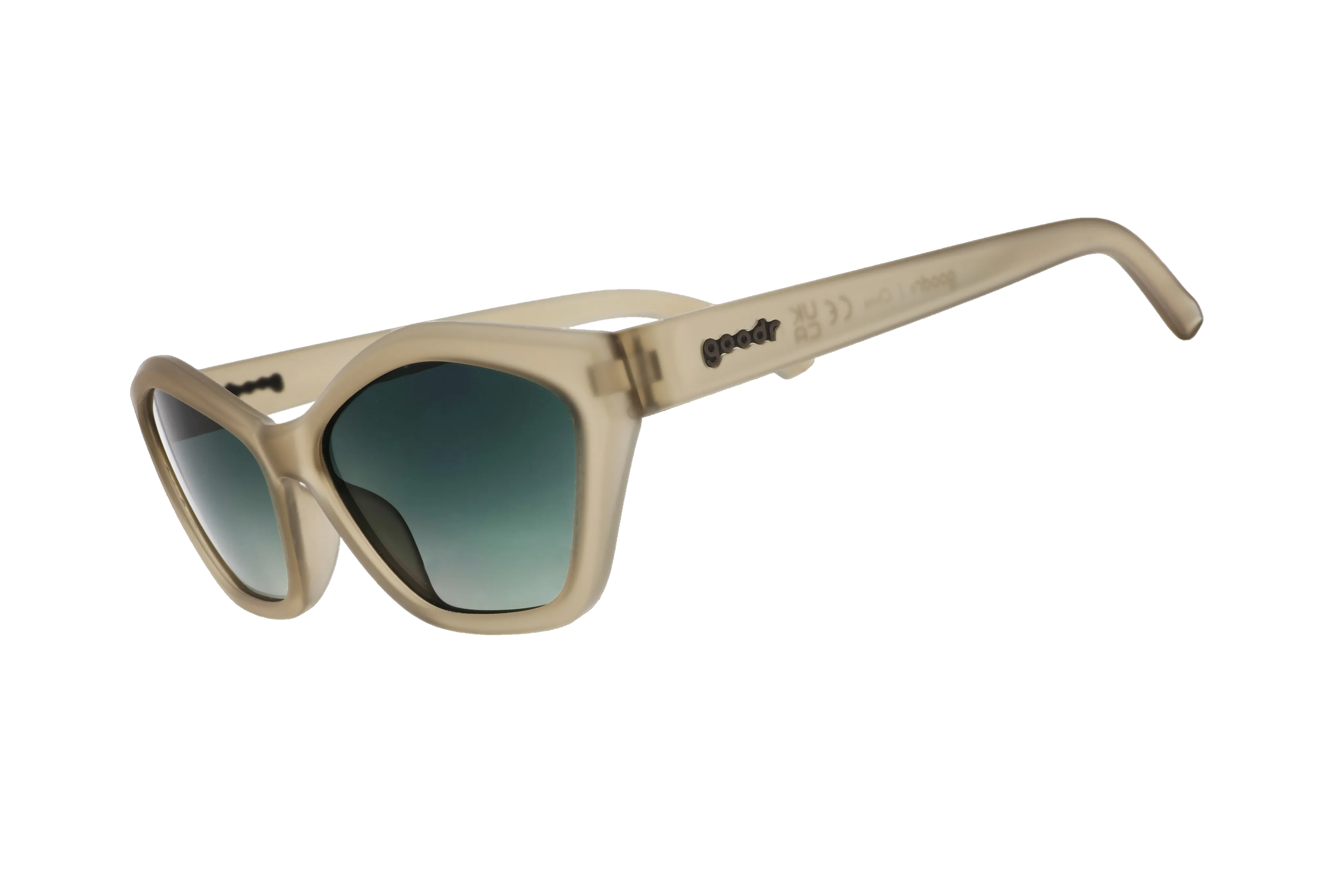Beige sunglasses with dark lenses on a white background