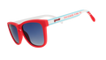 Three-quarter angle view of MLS Chicago Fire FC shades tilted down. Red+white frames. Dark blue ocean gradient lenses.