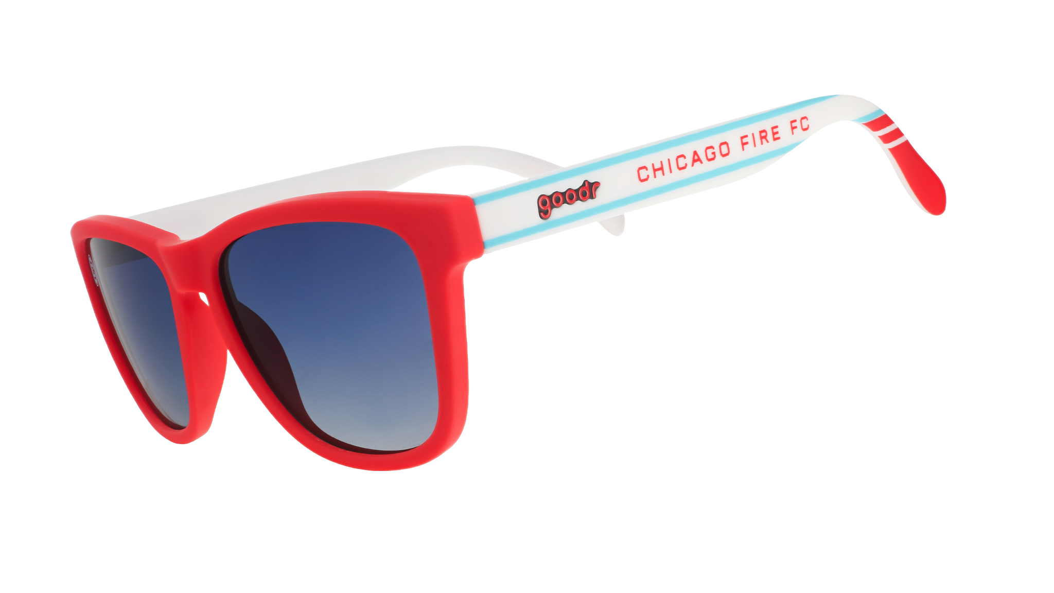 Three-quarter angle view of MLS Chicago Fire FC shades tilted down. Red+white frames. Dark blue ocean gradient lenses.