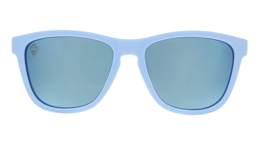 Front view of Major League Soccer Colorado Rapids shades. Blue front frame. Ice blue reflective lenses.