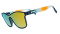 Three-quarter view of translucent blue and orange ombre VRG frames featuring a cosmos design and amber reflective lens.