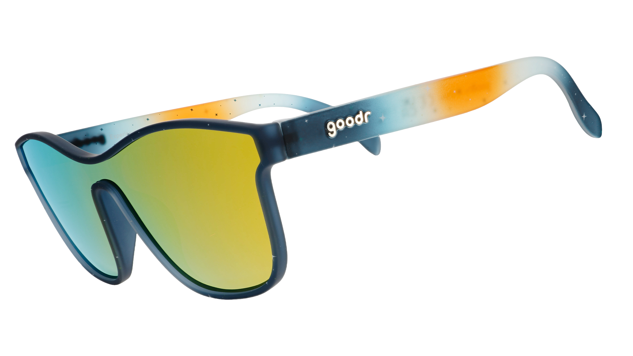 Three-quarter view of translucent blue and orange ombre VRG frames featuring a cosmos design and amber reflective lens.