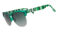 Green translucent sunglasses with mirrored lenses and striped temple arms on a blue patterned background.