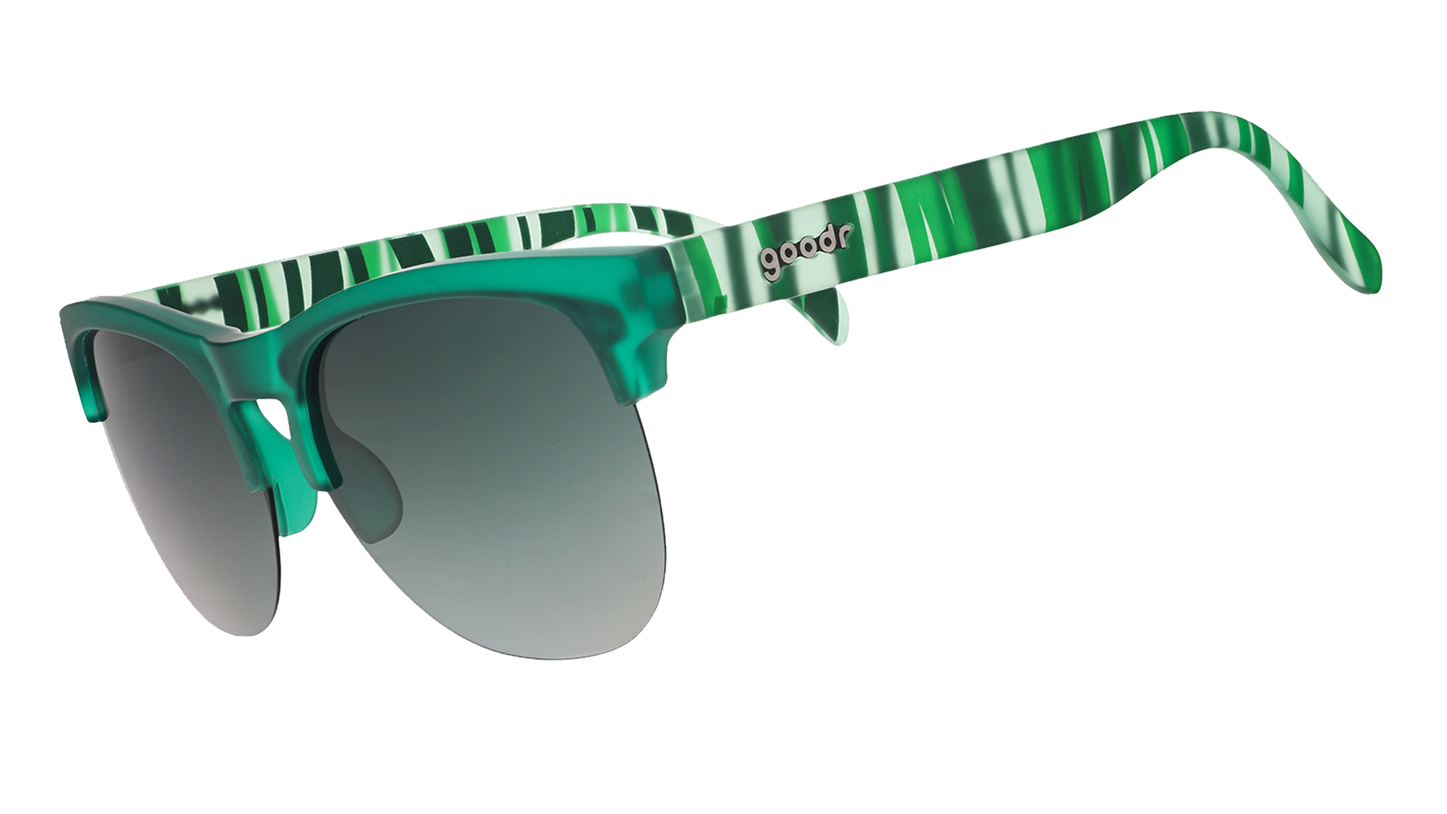 Green translucent sunglasses with mirrored lenses and striped temple arms on a blue patterned background.