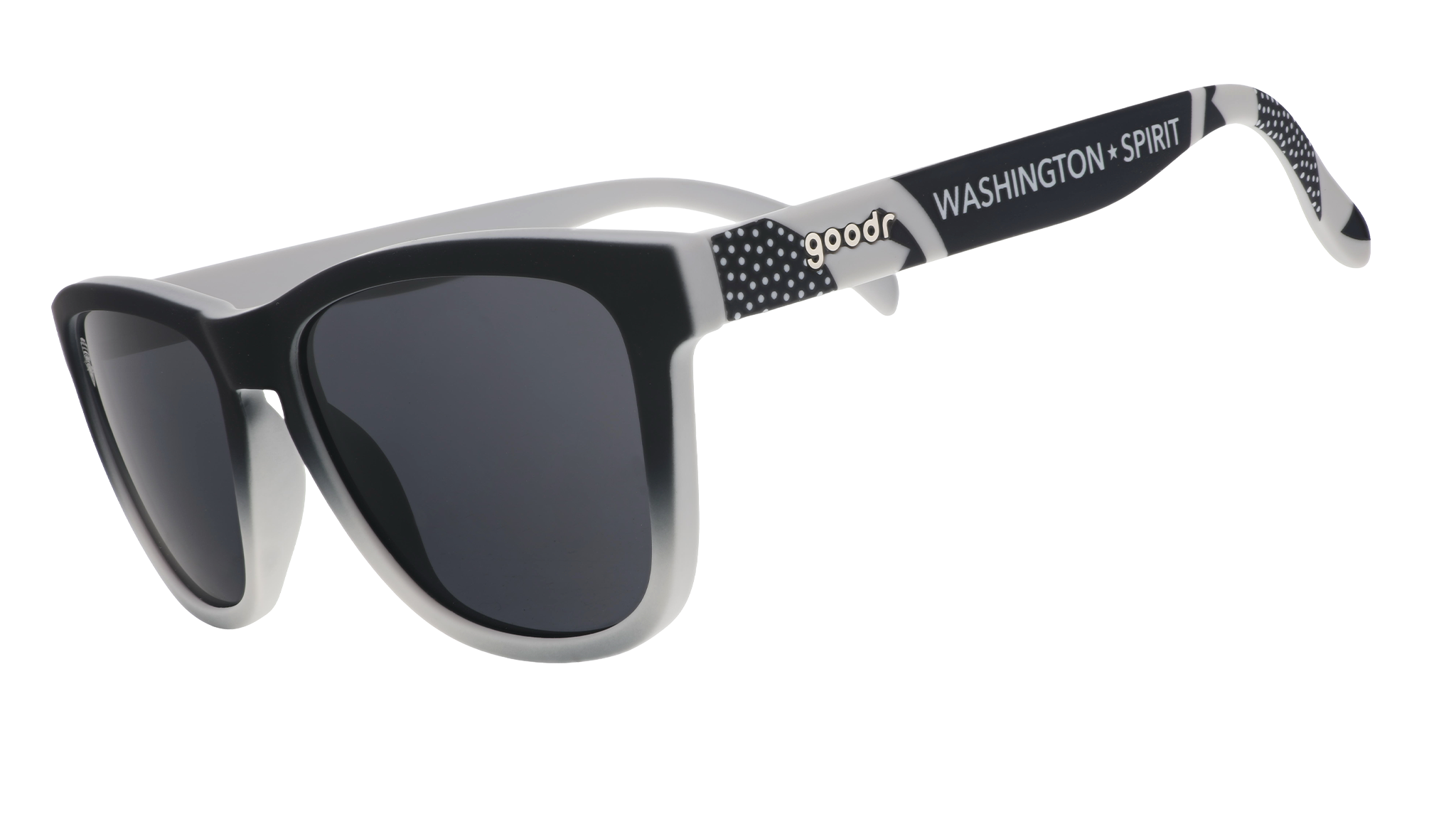 Three-quarter angle view of black and gray gradient sunglasses featuring black polarized lenses and the Washington Spirit logo.