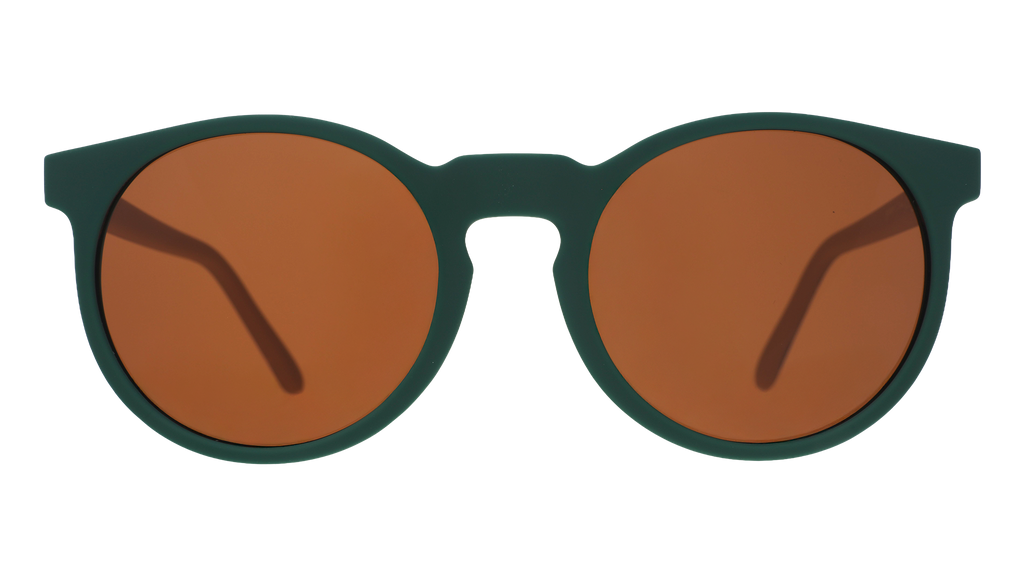 Front view of green round sunglasses with brown non-reflective lenses.