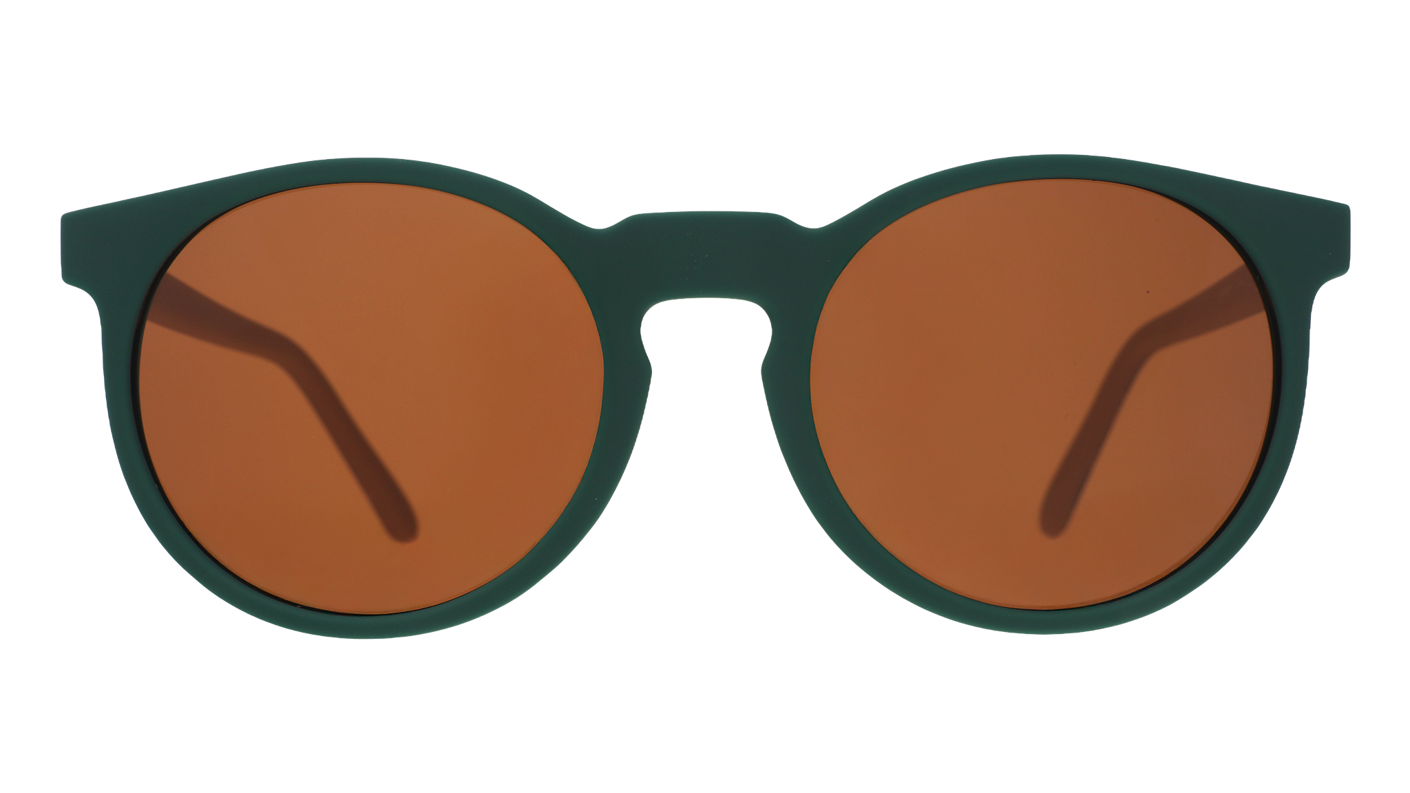 Front view of green round sunglasses with brown non-reflective lenses.
