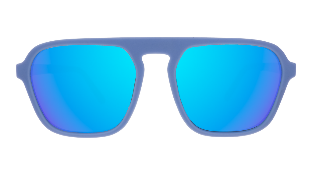 Front view of light blue retro-inspired aviator sunglasses with blue reflective lenses.