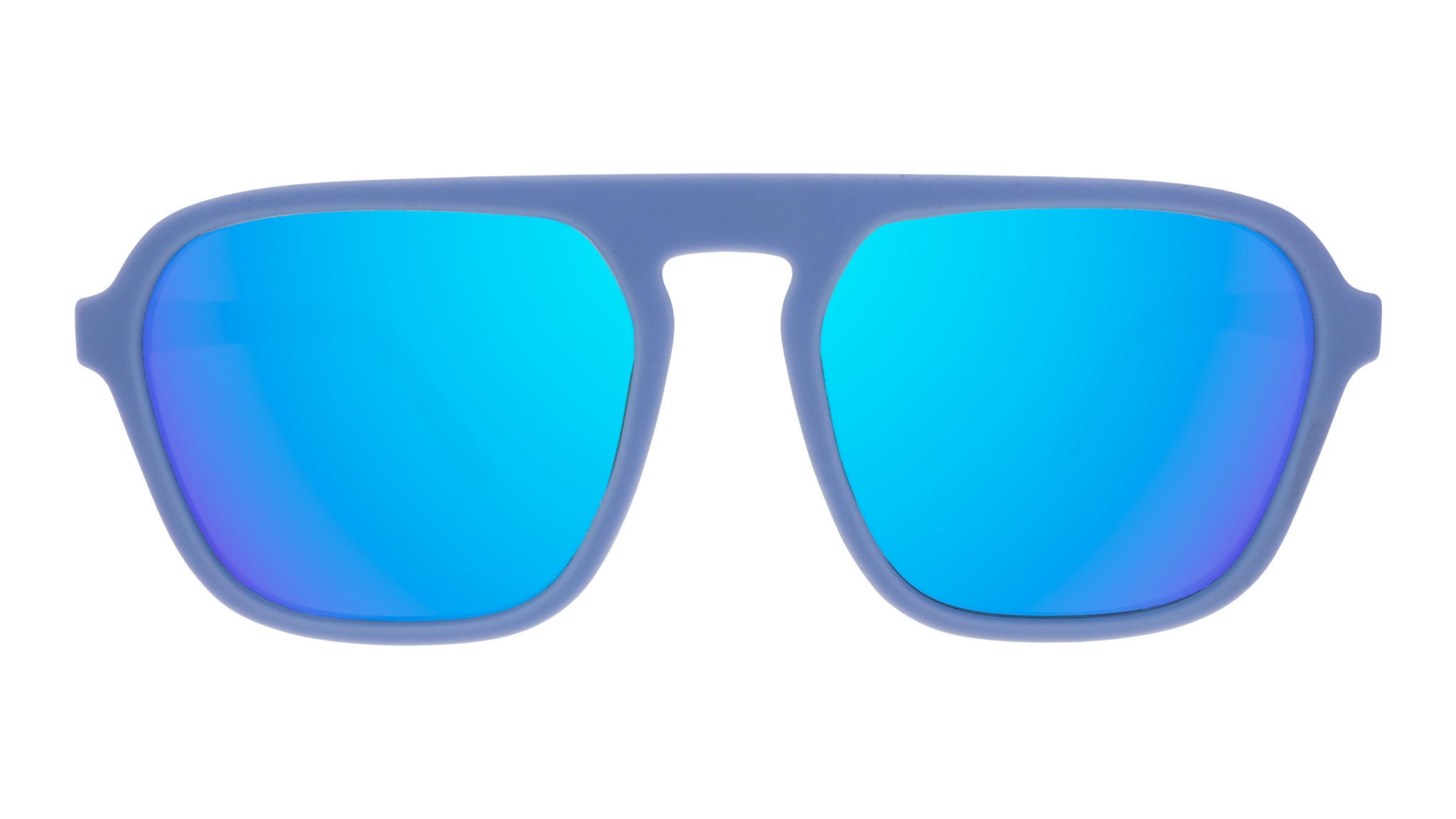Front view of light blue retro-inspired aviator sunglasses with blue reflective lenses.