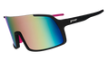 Three-quarter angle view of black wrap sunglasses with purple reflective lenses, hot pink nose and temple grips.