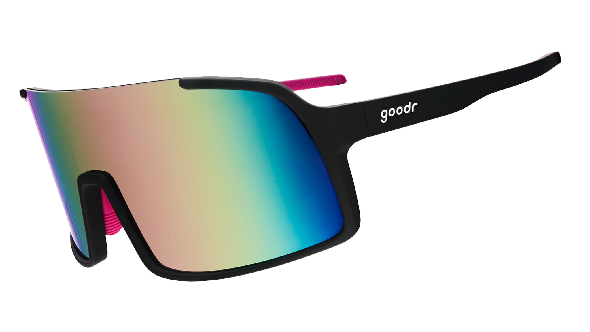 Three-quarter angle view of black wrap sunglasses with purple reflective lenses, hot pink nose and temple grips.
