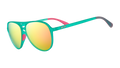 Three-quarter angle view of teal aviator sunglasses with hot pink inner silicone grips and polarized pink reflective lenses.