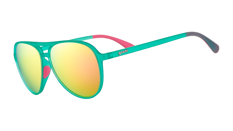 Three-quarter angle view of teal aviator sunglasses with hot pink inner silicone grips and polarized pink reflective lenses.